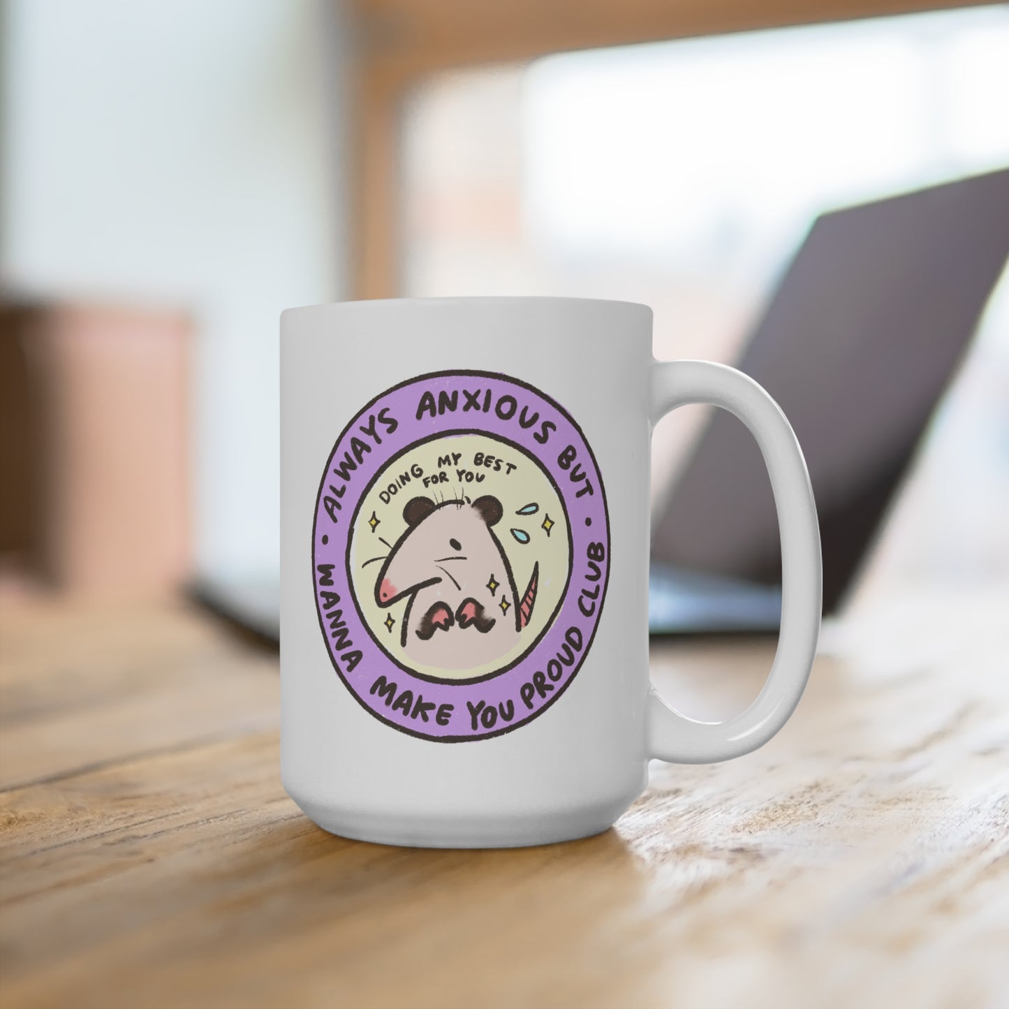 Possum Anxious Club Mug 15oz Ceramic with Sublimation Print for Gifts in Office School Work for Boss Employee Teacher Tea and Coffee Lovers
