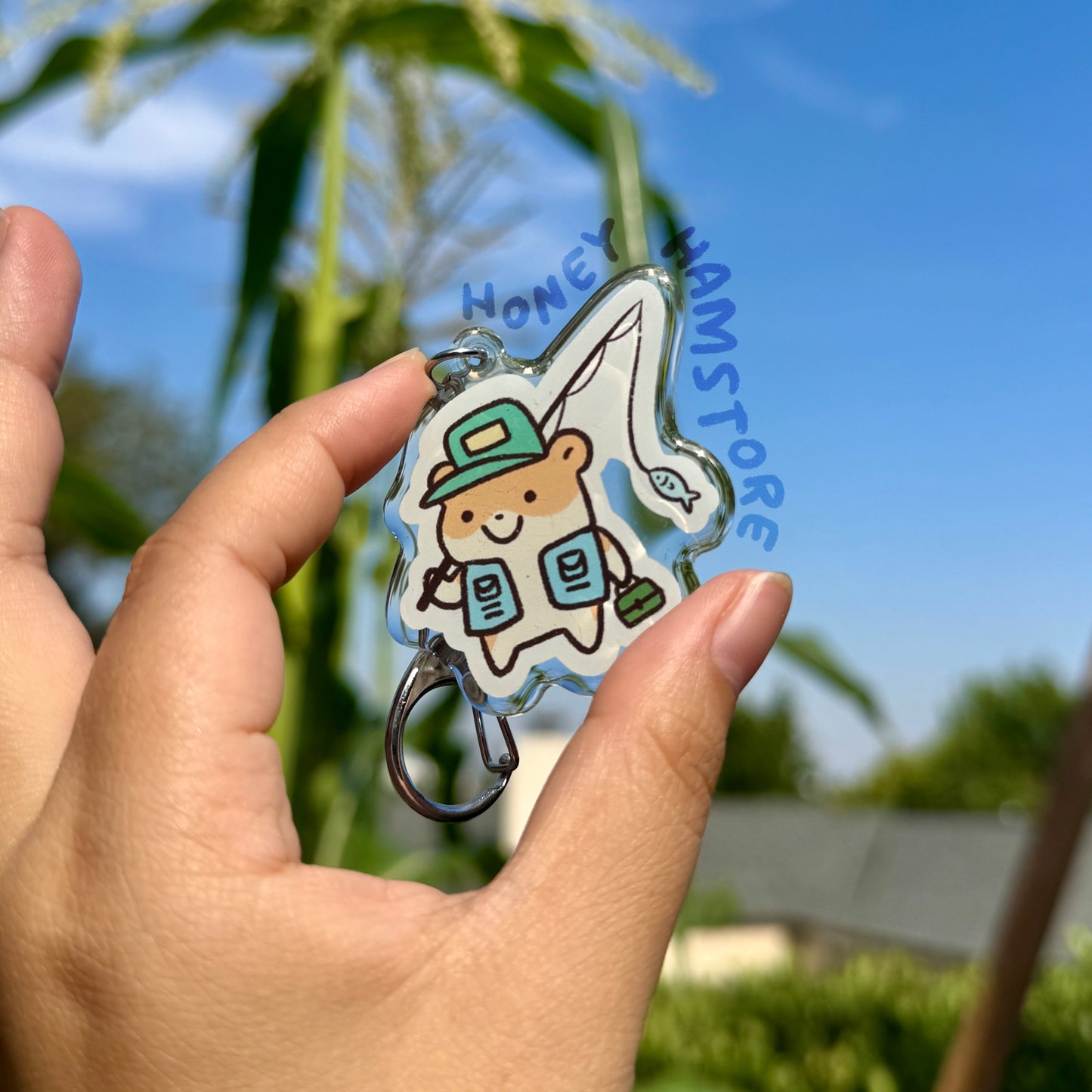 Hamster Fishing Clear Acrylic Keychain | Cartoon Illustration Art Style Double-Sided Epoxy Charm | Cute Kawaii Funny | Gift