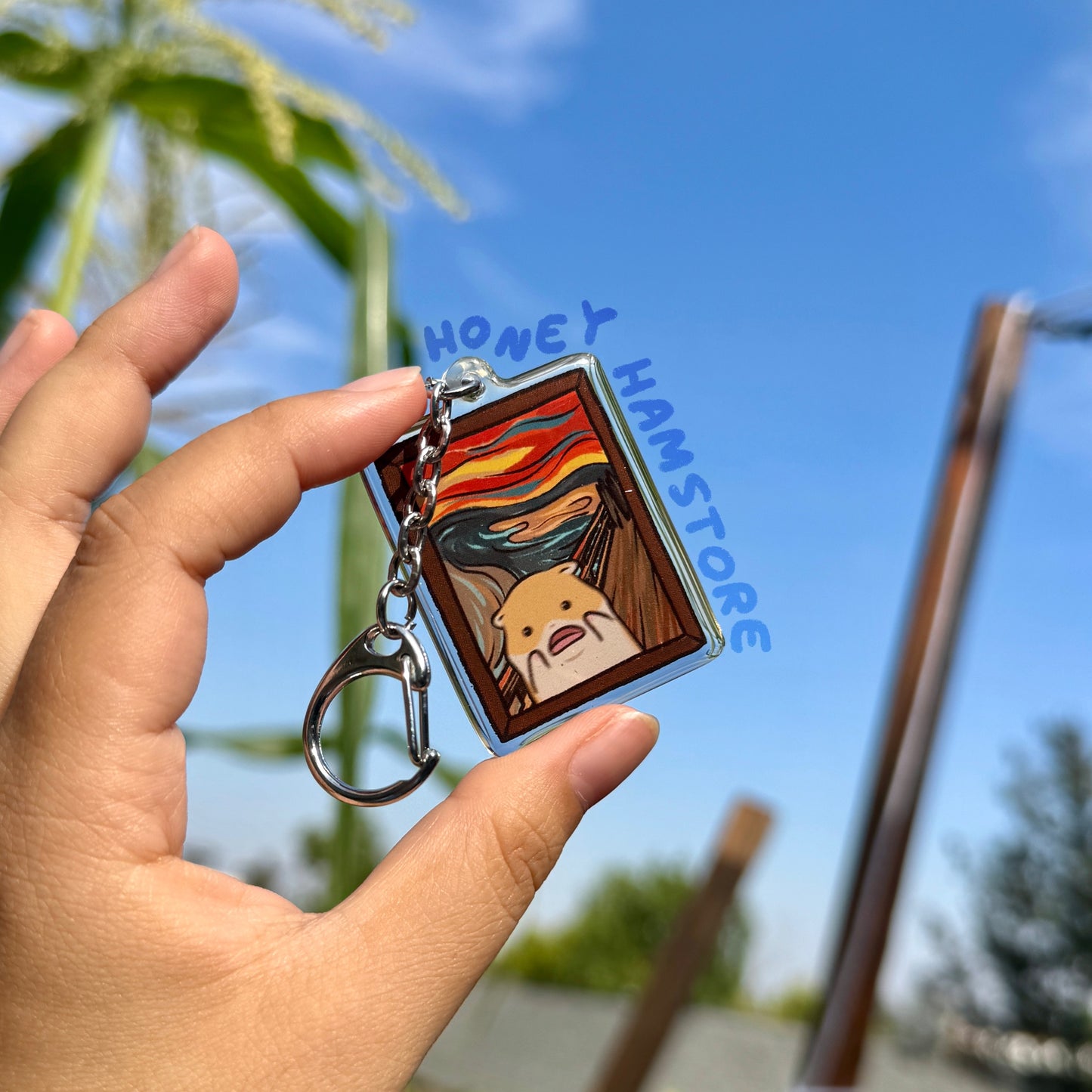 The Scream Hamster Painting Clear Acrylic Keychain | Cartoon Illustration Art Style Double-Sided Epoxy Charm | Cute Kawaii Funny | Gift