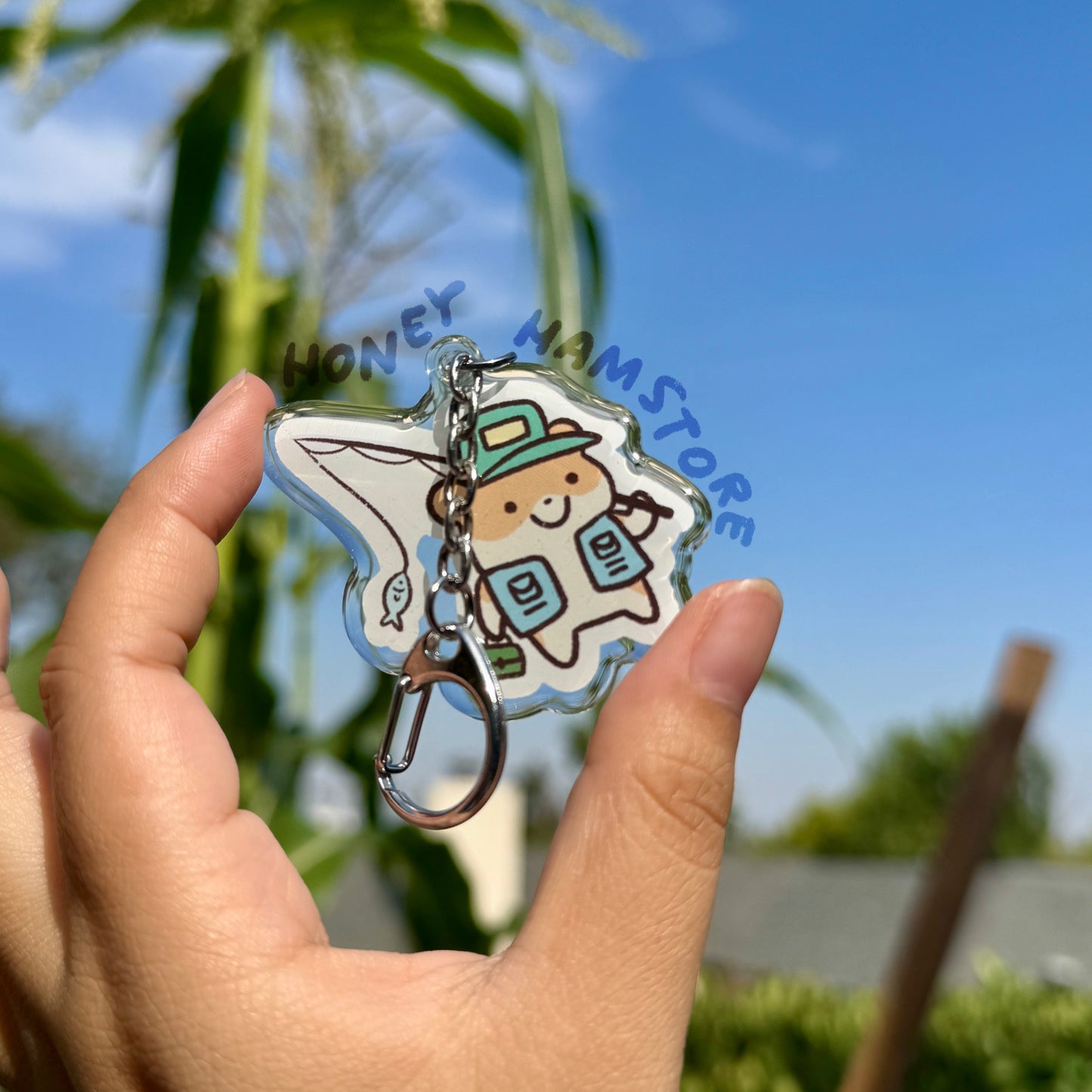 Hamster Fishing Clear Acrylic Keychain | Cartoon Illustration Art Style Double-Sided Epoxy Charm | Cute Kawaii Funny | Gift