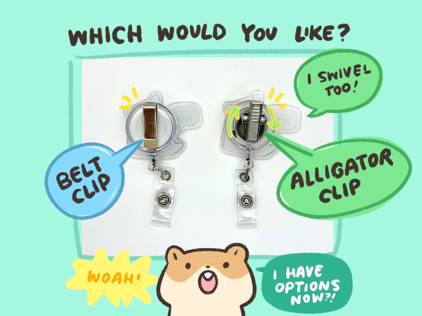 Raccoon Close Up Badge Reel with ID Belt Clip Cute Design Acrylic for Children Gift Name Work Accessories for Nurses Medical Teacher Student