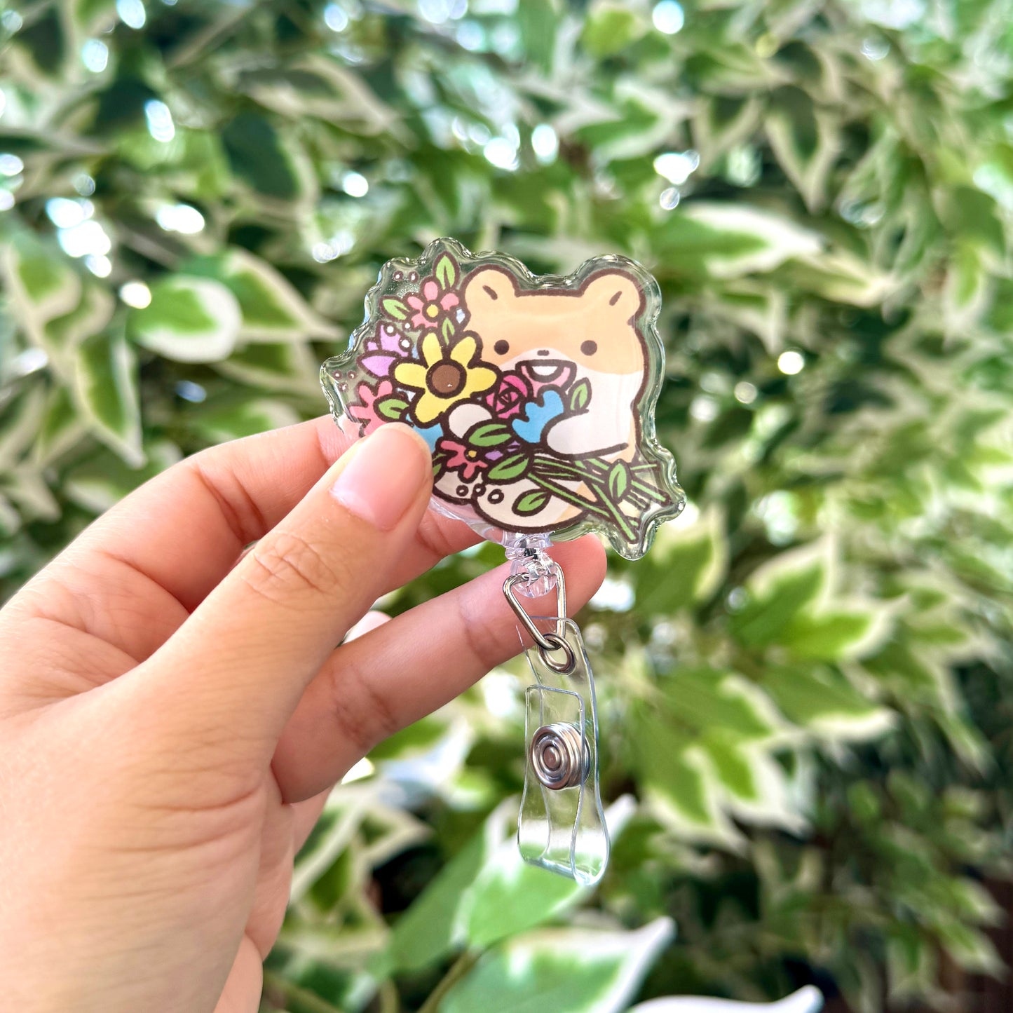 Hamster Flower Floral Boquete Badge Reel with ID Belt Clip Cute Design Acrylic for Work Accessories for Nurses Medical Teacher Student Gift