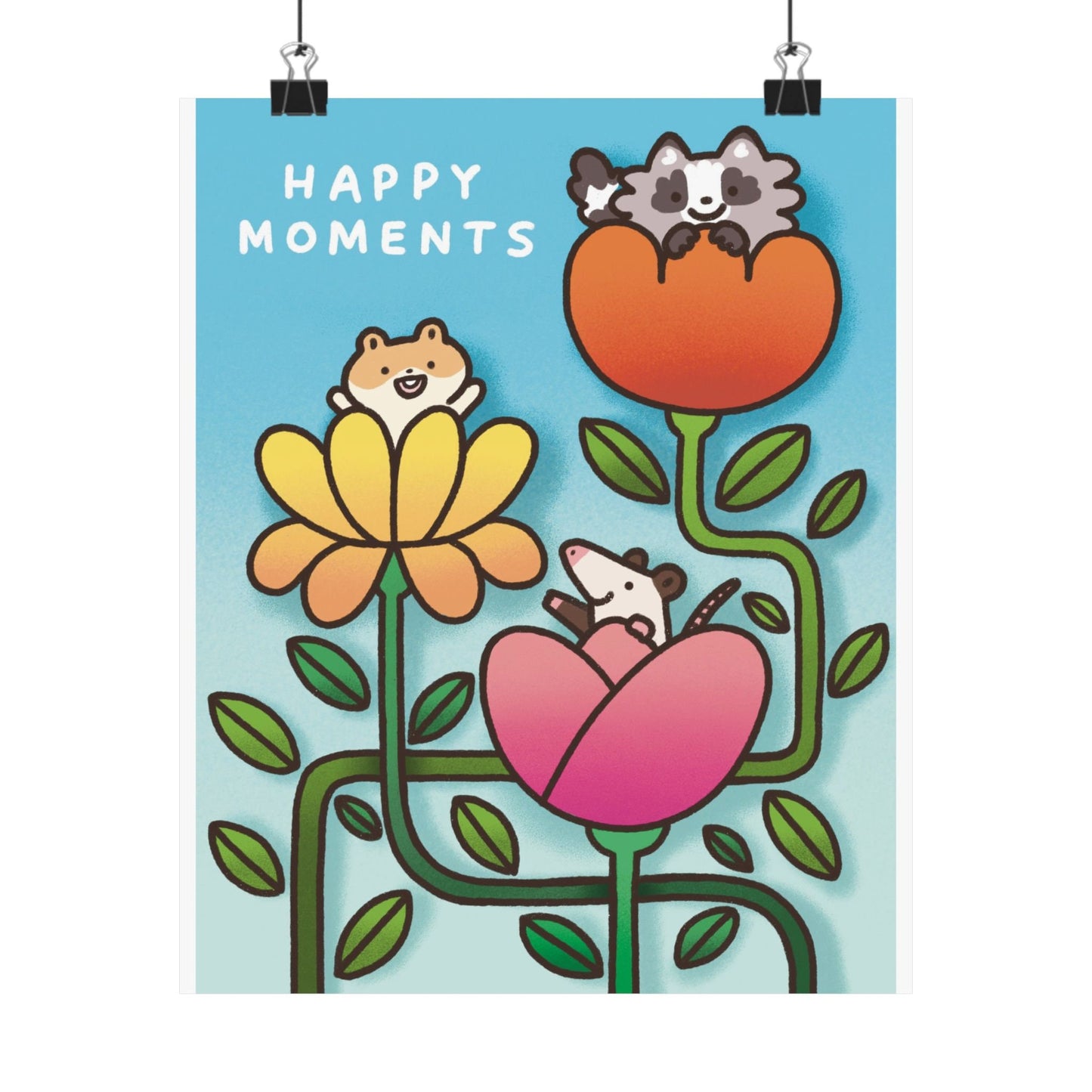 Happy Moments | Hamster Raccoon Possum Wall Print Quote Hallway Poster Print Dorm Room Office Student Decor Cute Funny Art UNFRAMED