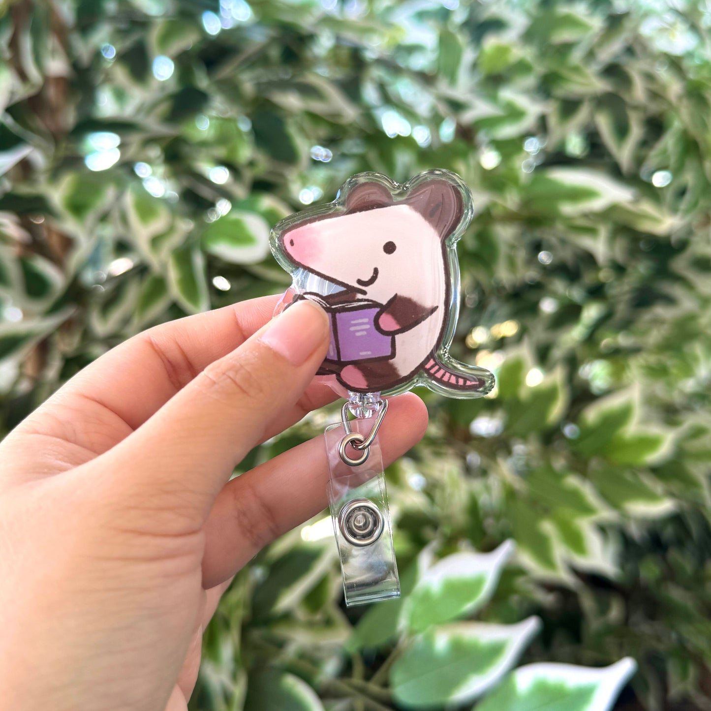 Possum Book Badge Reel with ID Belt Clip Cute Design Acrylic for Children Gift Name Work Accessories for Nurses Medical Teacher Student