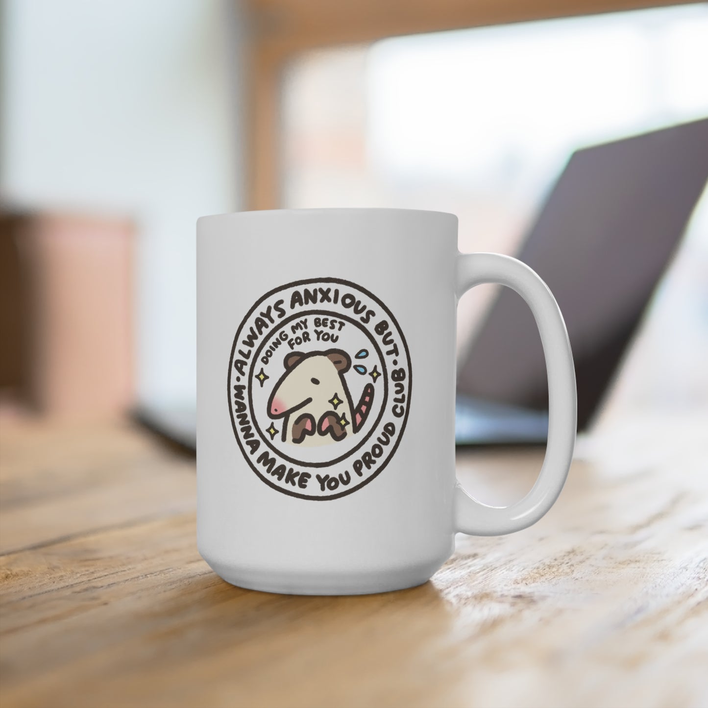 Possum Anxious Club Mug 15oz Ceramic with Sublimation Print for Gifts in Office School Work for Boss Employee Teacher Tea and Coffee Lovers