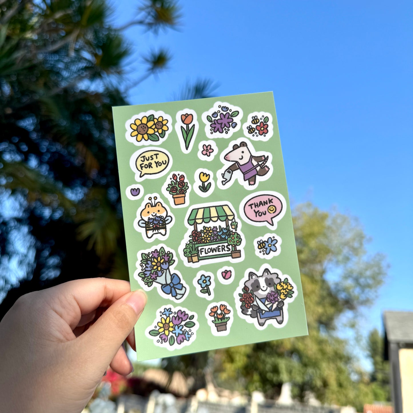 Honey Hamstore Friends Hamster Possum Raccoon Flower Shop Floral Pretty Cute Sticker Sheet Page with 20 Pieces