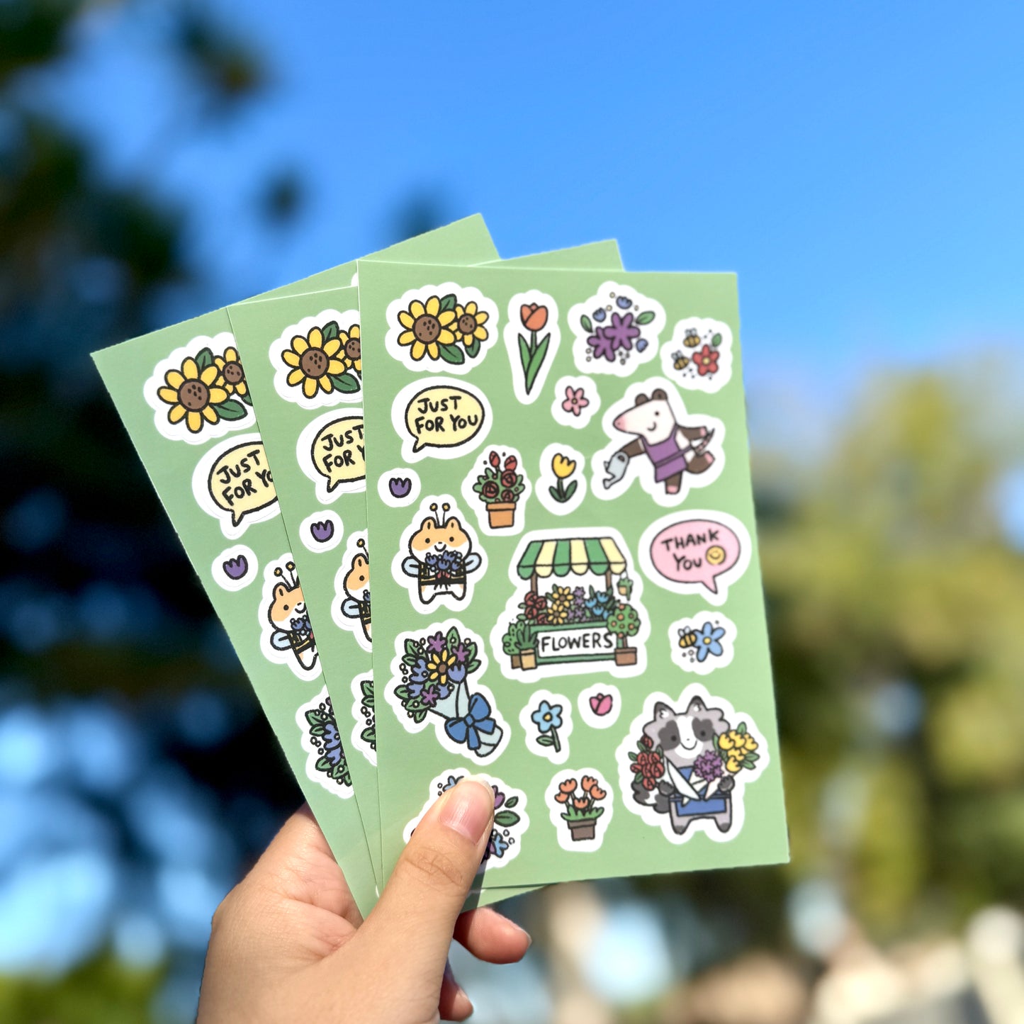 Honey Hamstore Friends Hamster Possum Raccoon Flower Shop Floral Pretty Cute Sticker Sheet Page with 20 Pieces