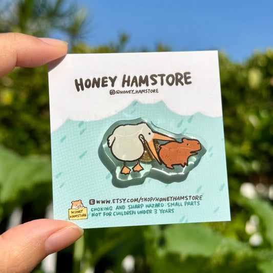 Capybara Pelican | Acrylic Pin | Cute Funny Design | Gifts Under 10 | Adorable Kawaii Pins | Novelty Pin | Joke Present | For Her | For Him