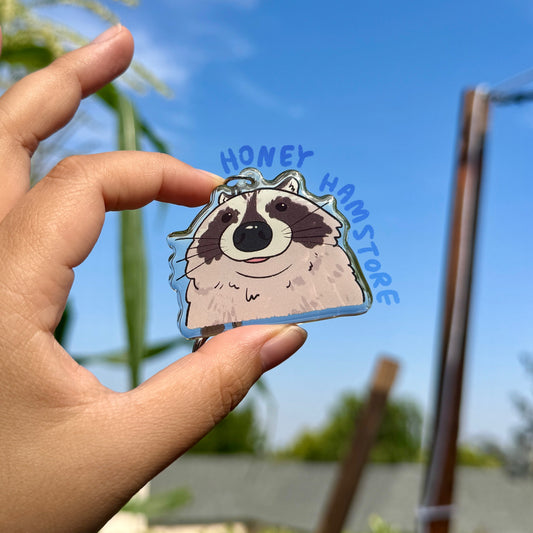 Raccoon Close Up Clear Acrylic Keychain | Cartoon Illustration Art Style Double-Sided Epoxy Charm | Cute Kawaii Funny | Gift For Her For Him