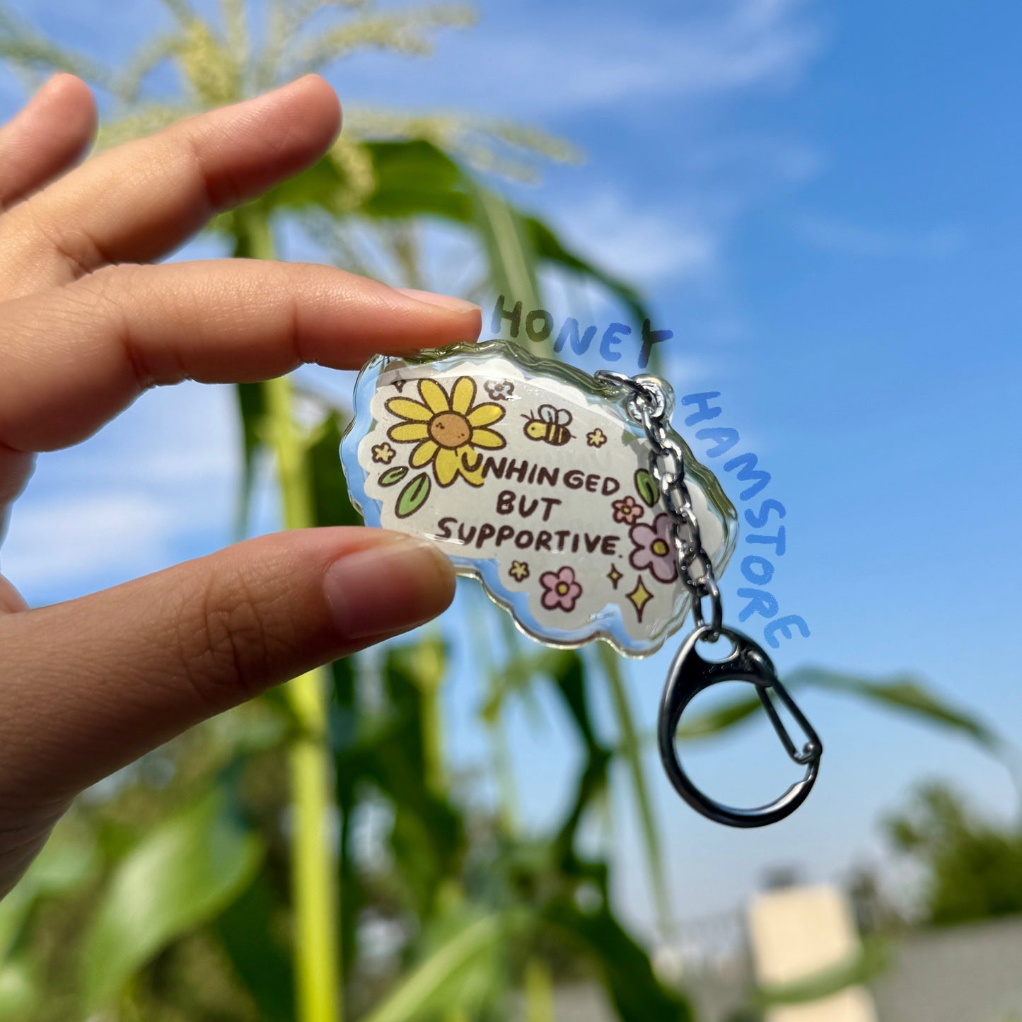 Unhinged But Supportive Clear Acrylic Keychain | Cartoon Illustration Art Style Double-Sided Epoxy Charm | Cute Kawaii Funny | Gift
