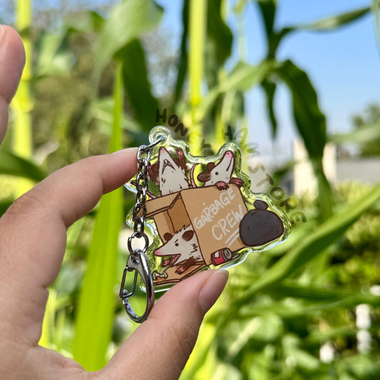 Garbage Crew Clear Acrylic Keychain | Cartoon Illustration Art Style Double-Sided Epoxy Charm | Cute Kawaii Funny | Gift For Her For Him