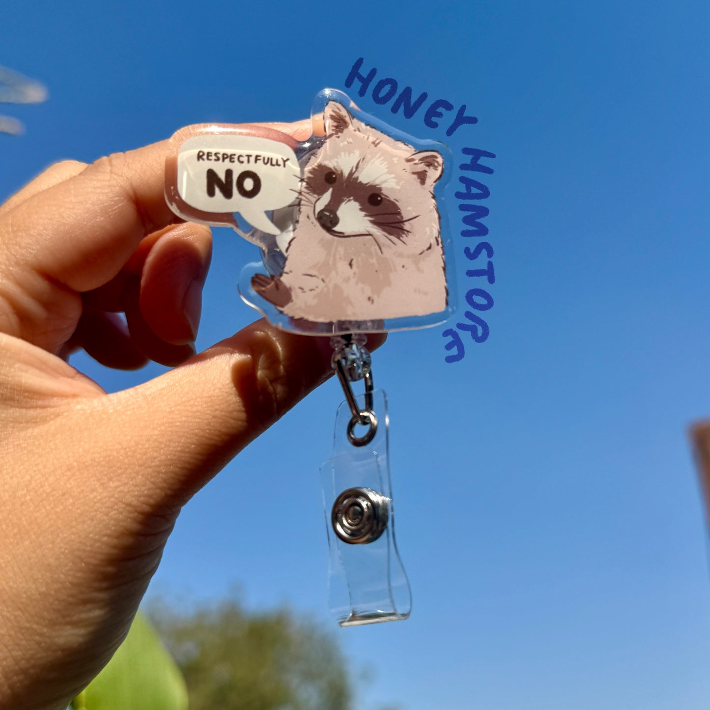 Raccoon Respectfully No Badge Reel with ID Belt Clip Cute Design Acrylic for Children Gift Work Accessories Nurses Medical Teacher Student
