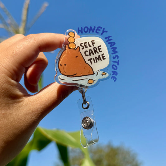 Capybara Self Care Badge Reel with ID Belt Clip Cute Design Acrylic for Children Gift Name Work Accessories Nurses Medical Teacher Student