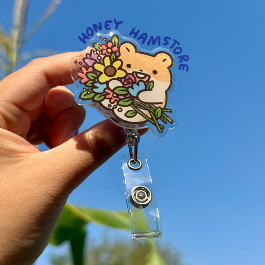 Hamster Flower Floral Boquete Badge Reel with ID Belt Clip Cute Design Acrylic for Work Accessories for Nurses Medical Teacher Student Gift