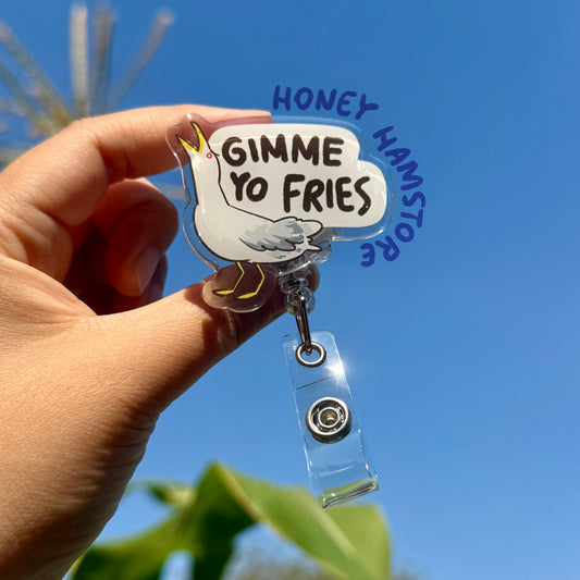 Gimme Yo Fries Seagull Badge Reel with ID Belt Clip Cute Design Acrylic for Children Gift Work Accessories Nurses Medical Teacher Student