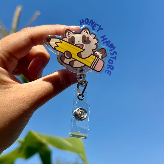 Raccoon Pencil Badge Reel with ID Belt Clip Cute Design Acrylic for Children Gift Work Accessories for Nurses Medical Teacher Student
