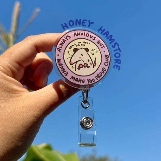 Possum Anxious Club Badge Reel with ID Belt Clip Cute Design Acrylic for Children Gift Work Accessories Nurses Medical Teacher Student
