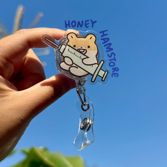 Hamster Syringe Badge Reel with ID Belt Clip Cute Design Acrylic for Doctor Gift Name Work Accessories for Nurses Medical Teacher Student