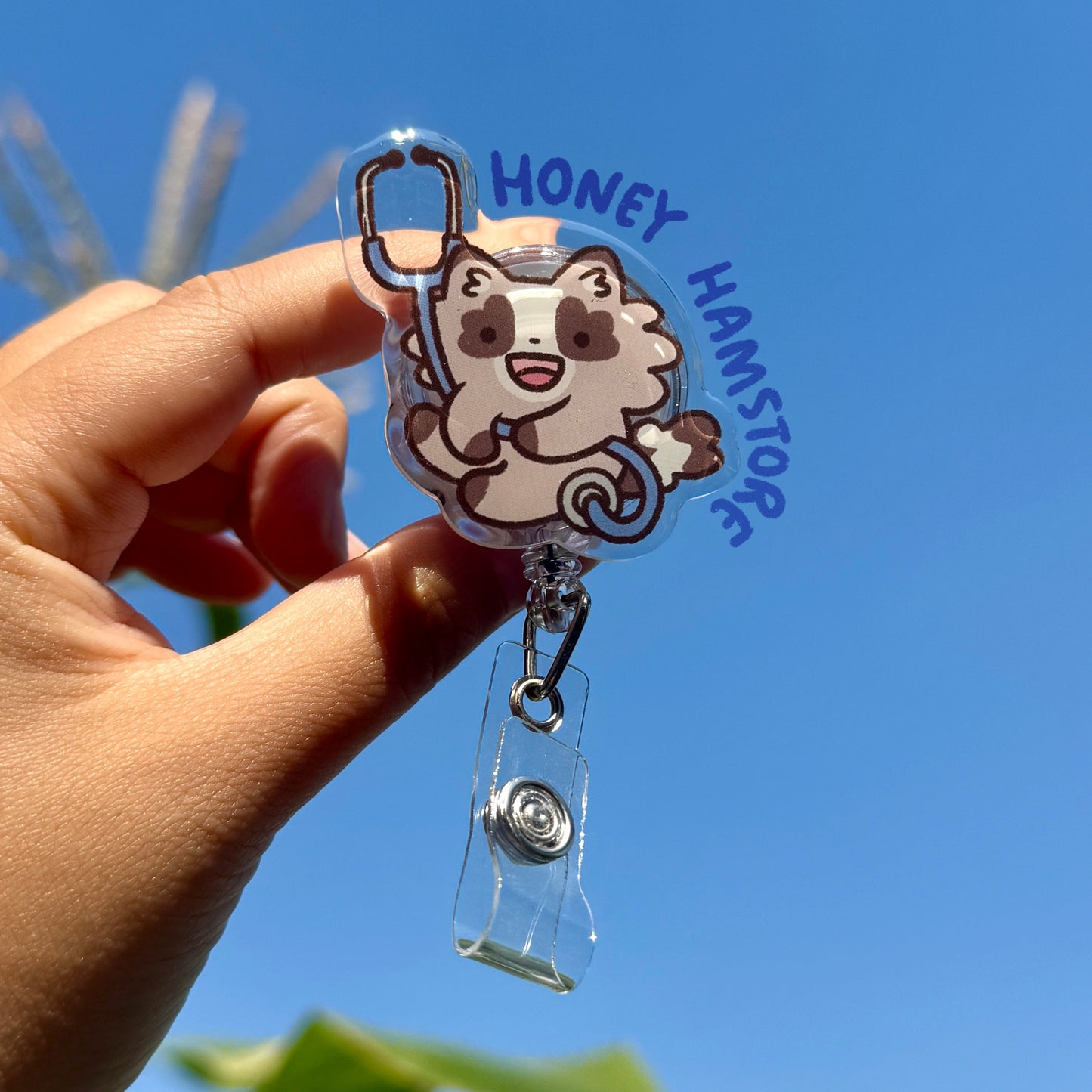 Raccoon Stethoscope Badge Reel with ID Belt Clip Cute Design Acrylic for Doctor Gift Work Accessories for Nurses Medical Teacher Student