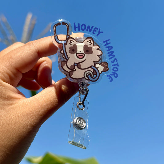 Raccoon Stethoscope Badge Reel with ID Belt Clip Cute Design Acrylic for Doctor Gift Work Accessories for Nurses Medical Teacher Student