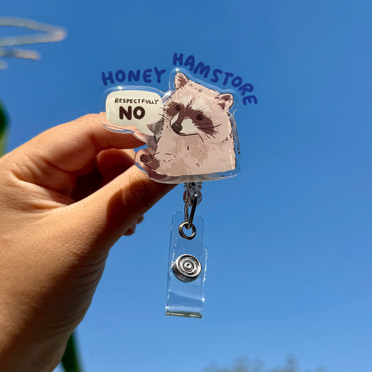 Raccoon Respectfully No Badge Reel with ID Belt Clip Cute Design Acrylic for Children Gift Work Accessories Nurses Medical Teacher Student