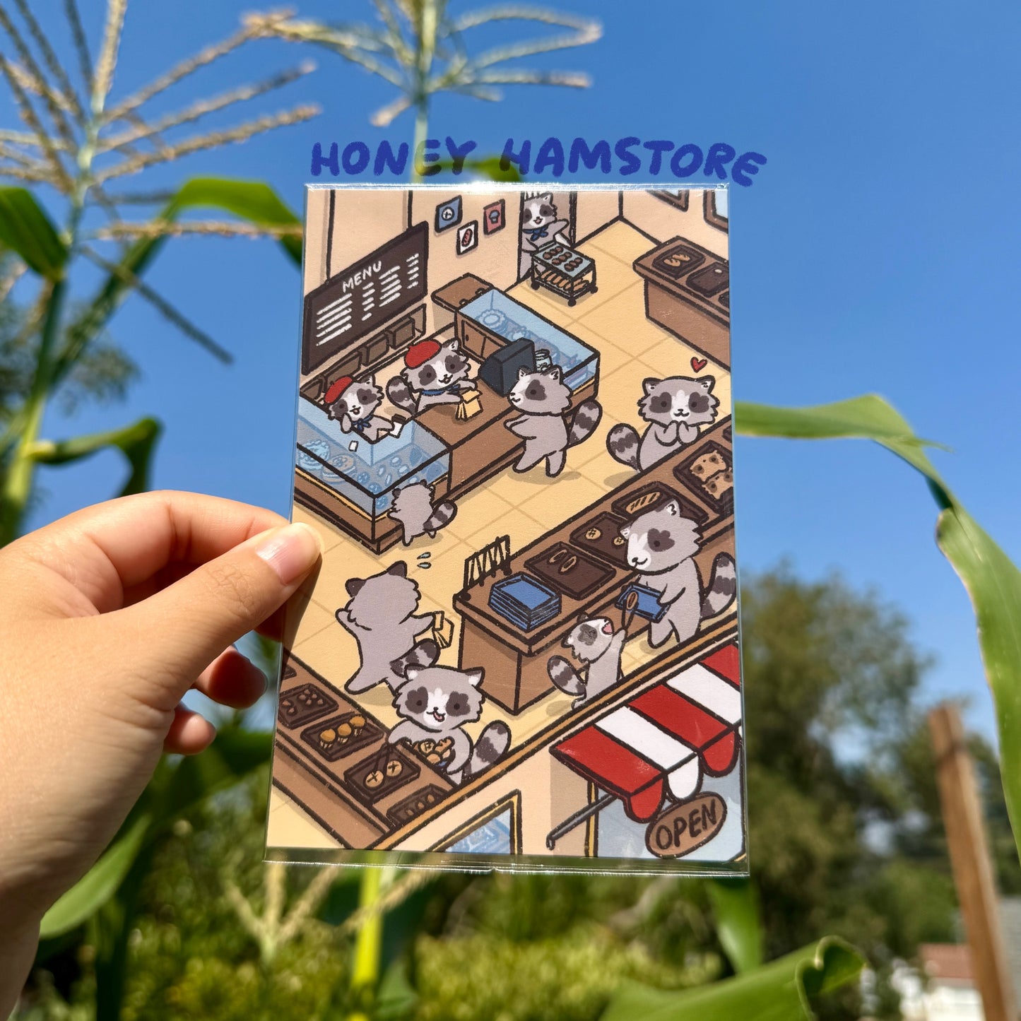 Raccoon Bakery, Hamster Workshop, Possum Island Resort Illustrated Postcards | High Quality | Gifts under 5 | Wall Gallery | Small Prints