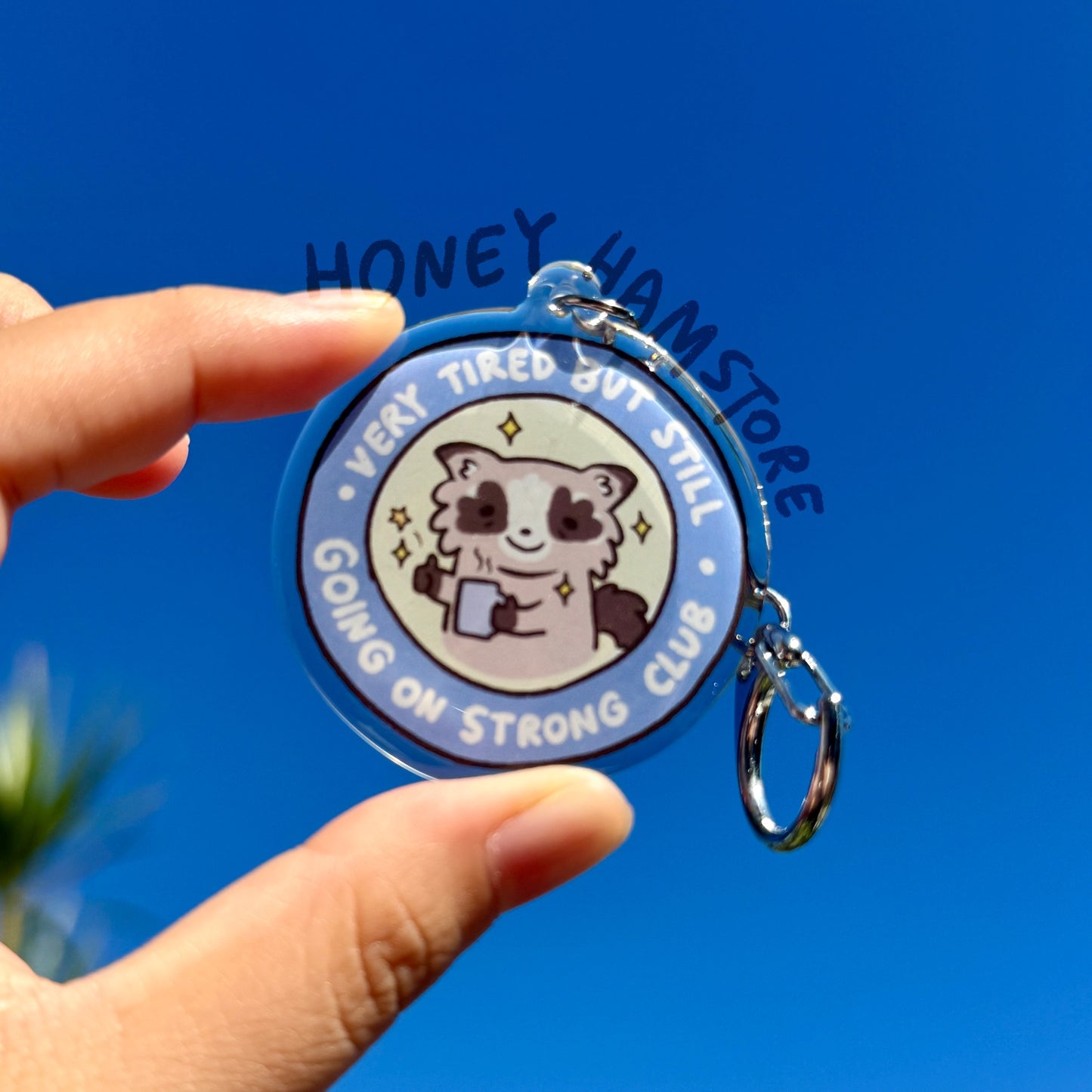 Raccoon Tired Club Acrylic Keychain | Cartoon Illustration Art Style Double-Sided Epoxy Charm | Cute Kawaii Funny | Gift