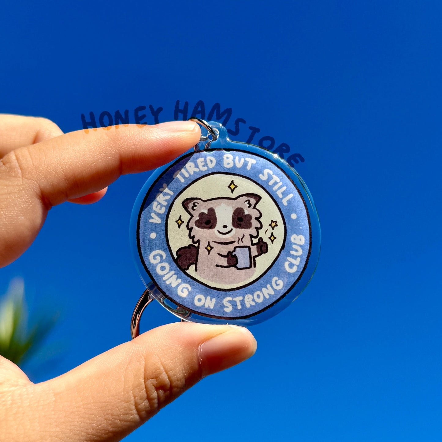 Raccoon Tired Club Acrylic Keychain | Cartoon Illustration Art Style Double-Sided Epoxy Charm | Cute Kawaii Funny | Gift