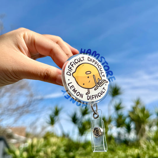 Difficult Difficult Lemon Badge Reel with ID Belt Alligator Clip Cute Design Acrylic for Children Gift Work Accessories Nurses Medical Teacher Student