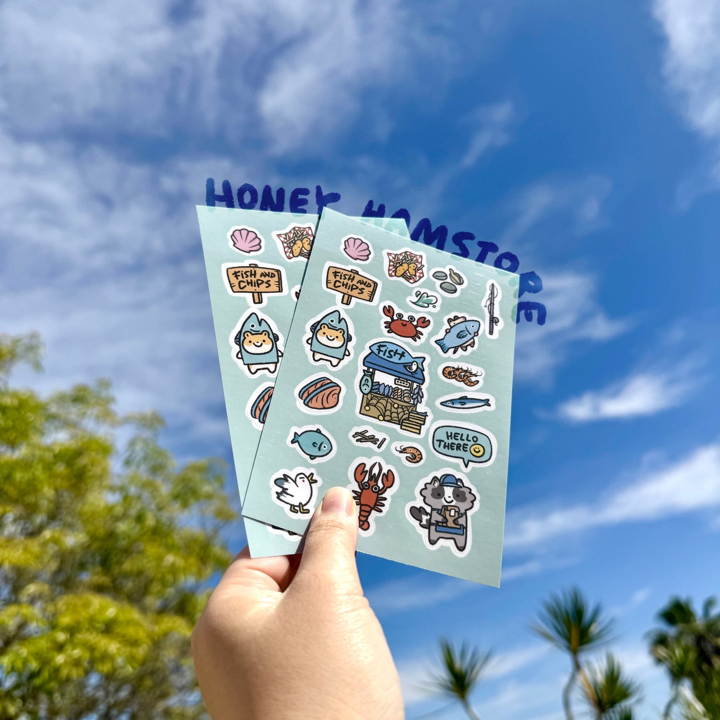 Honey Hamstore Friends Hamster Possum Raccoon Fish Stall Pretty Cute Sticker Sheet Page with 20 Pieces