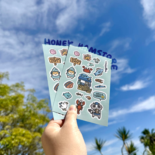 Honey Hamstore Friends Hamster Possum Raccoon Fish Stall Pretty Cute Sticker Sheet Page with 20 Pieces