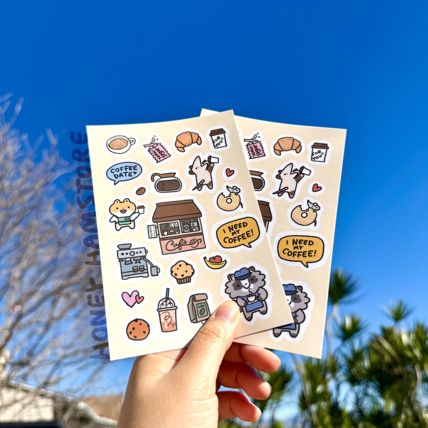 Honey Hamstore Friends Hamster Possum Raccoon Coffee shop Pretty Cute Sticker Sheet Page with 21 Pieces