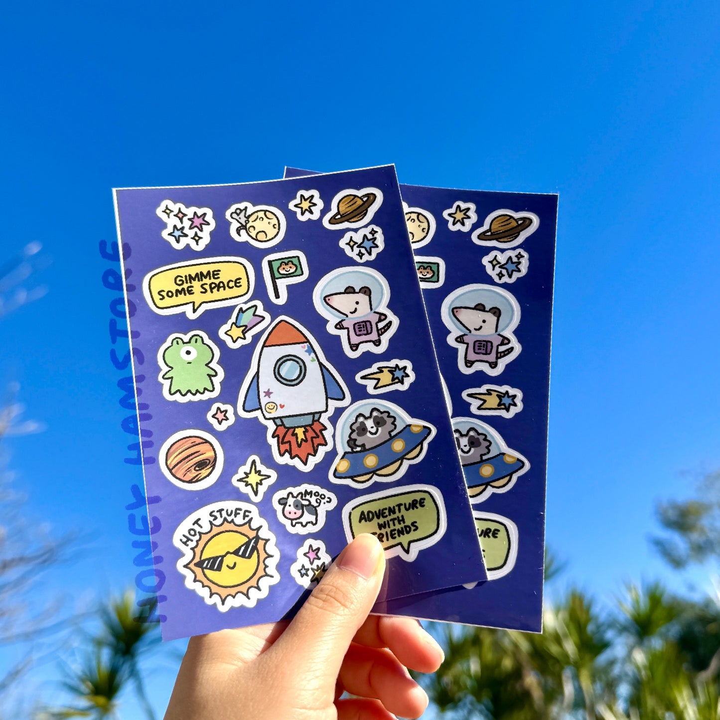 Honey Hamstore Friends Hamster Possum Raccoon Outer Space Pretty Cute Sticker Sheet Page with 20 Pieces