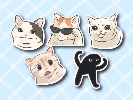 Cat Meme 5 Piece Set Funny Meme Sticker | Polite Cat | Sunglasses Cat | Teary / Crying Cat | Shocked Surprised Cat | Cursed Cat