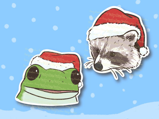 Cute Frog and Raccoon with Santa Hat | Christmas Holiday Sticker | Gift under 5 | For Children Kids Adults | Xmas Gift | For him for her