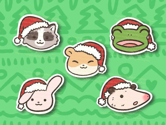 Cute Christmas Holiday Sticker | Animals with Santa Hat | Gift | Raccoon | Opossum | Rabbit | Frog | Hamster | For Children Kids Adults