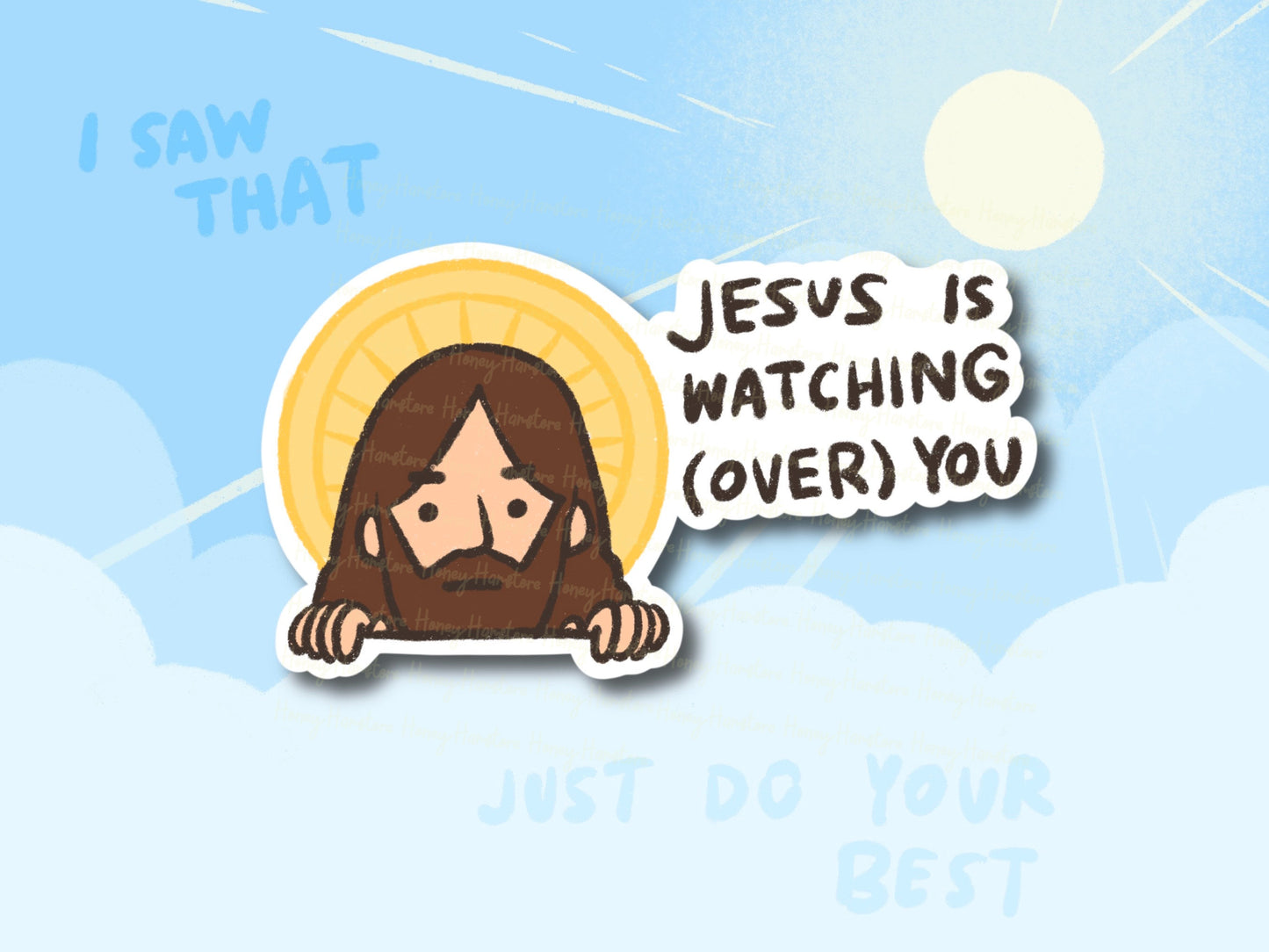 Jesus Is Watching Over You Sticker | Funny Meme Sticker | Cute Laptop Sticker | Gifts Under 5 | Water Resistant Sticker
