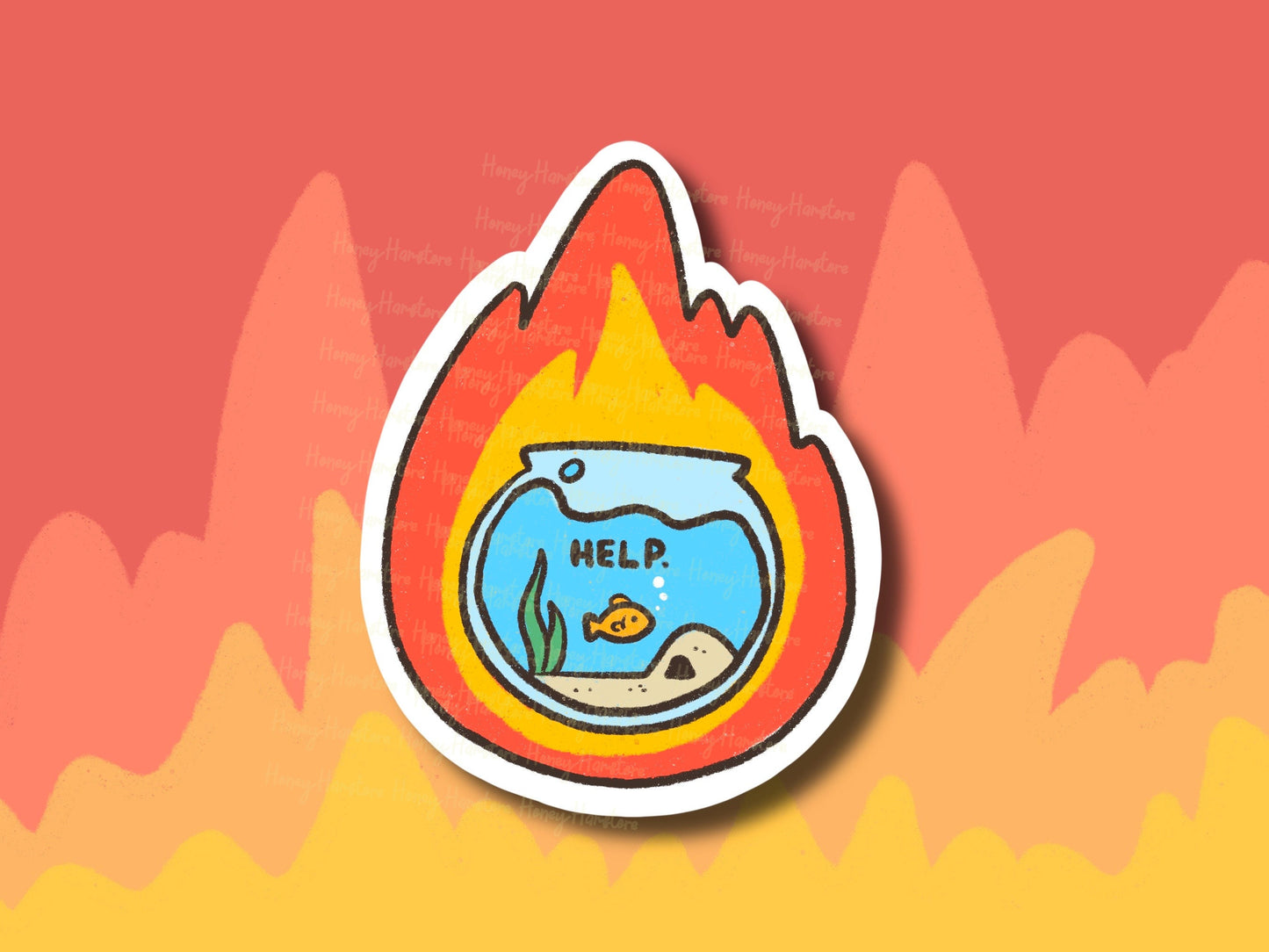 Fishbowl On Fire Help Sticker | Funny Sticker | Gifts under 10 | Water Resistant Sticker | Water Bottle | Joke | Laptop