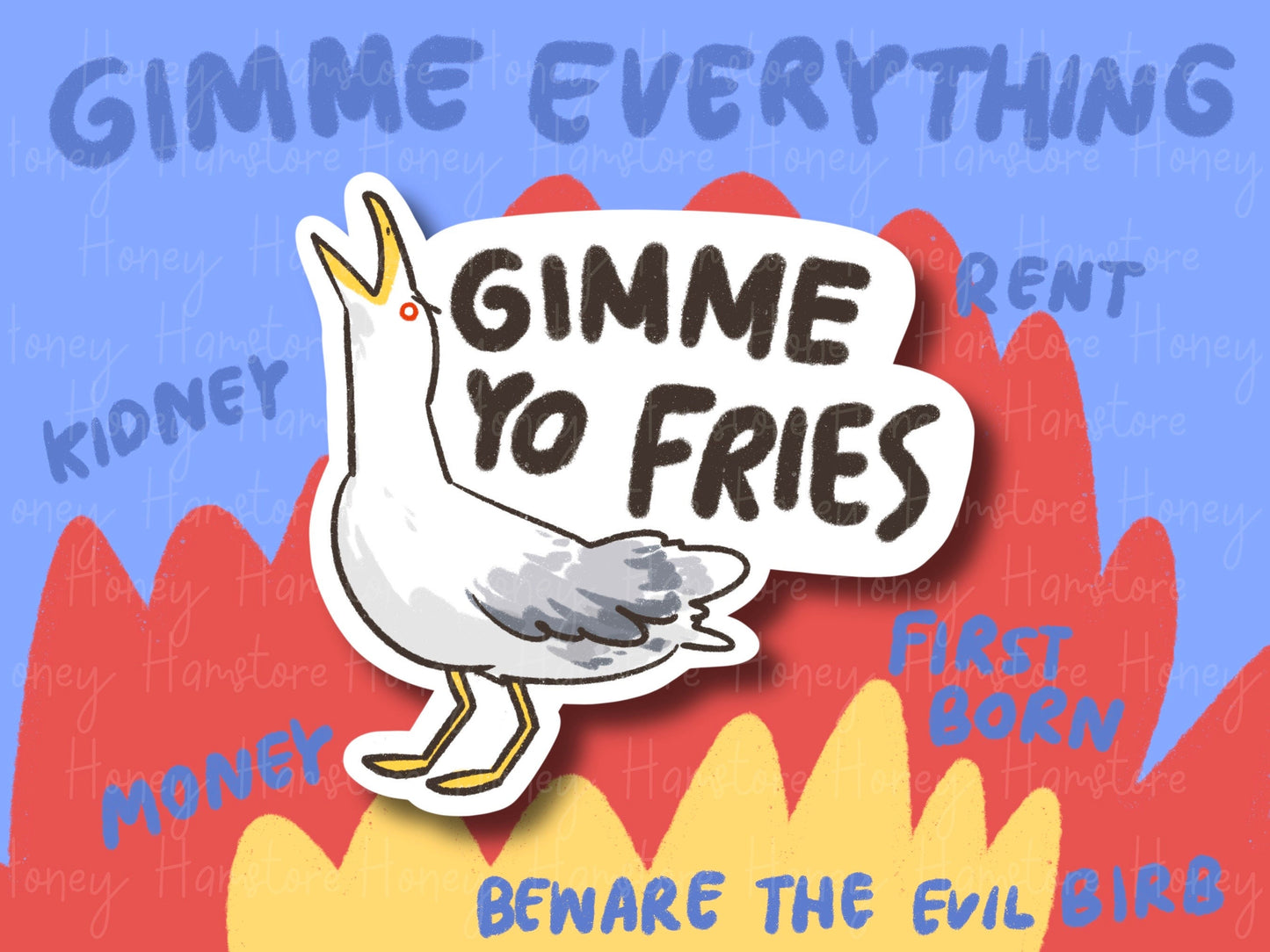Gimme Yo Fries | Funny Sticker | Seagull Sticker | Gifts under 10 | Water Resistant | Bird Seagull Beach Summer Vibe Decal | Water Bottle