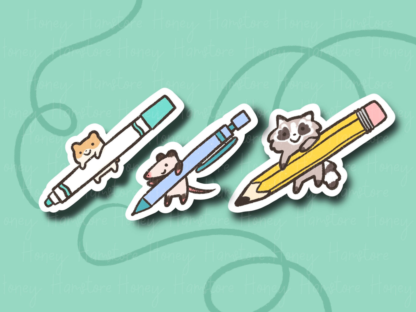 Writing Buddies Hamster Opossum Raccoon | Funny Sticker | Gifts under 10 | Water Resistant Sticker | Laptop Water Bottle Phone Case Decal