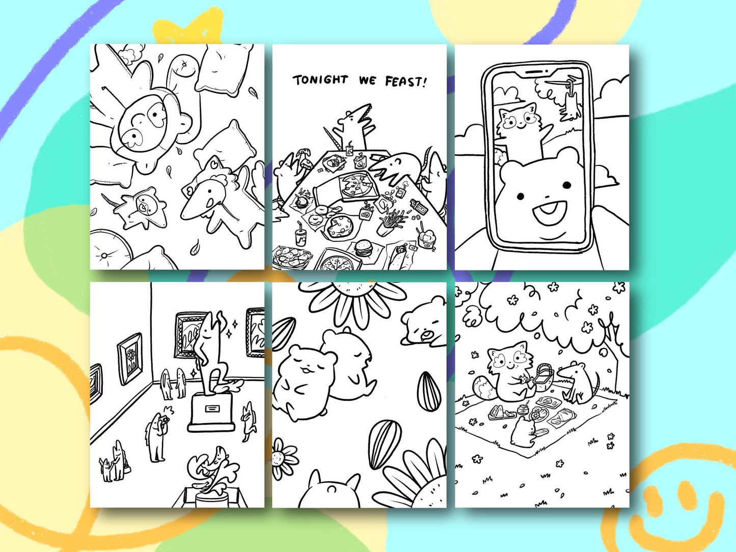Cute Animal Coloring Pages Series 2 | 6 Pages | Hamster, Raccoon, Opossum | Printable Instant Download | Preschool | Toddler | Kids Simple