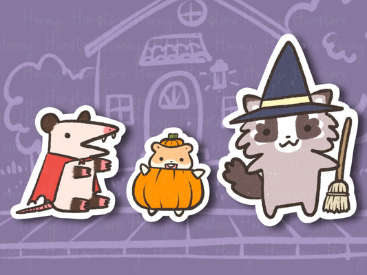Raccoon Possum Hamster Halloween | Funny Sticker | Water Resistant Sticker | Laptop Water Bottle Phone Case Spooky Trick Or Treat Costume