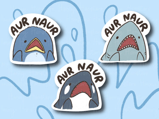 Aur Naur Cute Sticker | Series 3 | Funny Sticker | Penguin Shark Orca | Gifts under 10 | Water Resistant Sticker | Water Bottle | Laptop