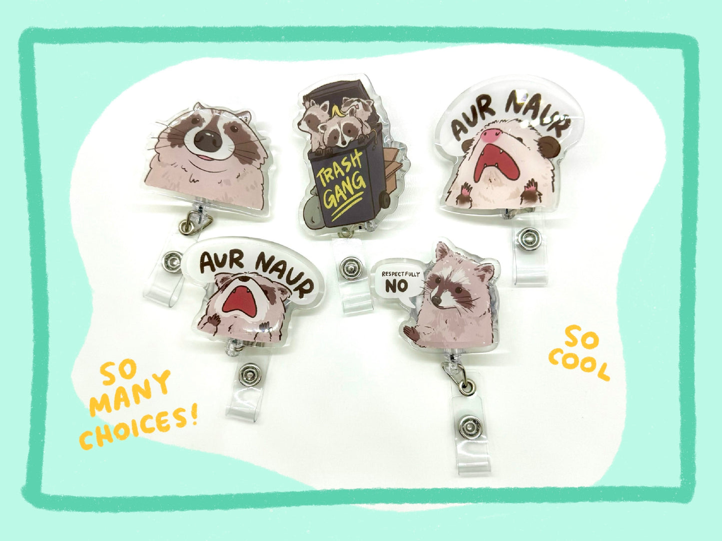 Raccoon Tired Club Badge Reel with ID Belt Clip Cute Design Acrylic for Children Gift Work Accessories Nurses Medical Teacher Student