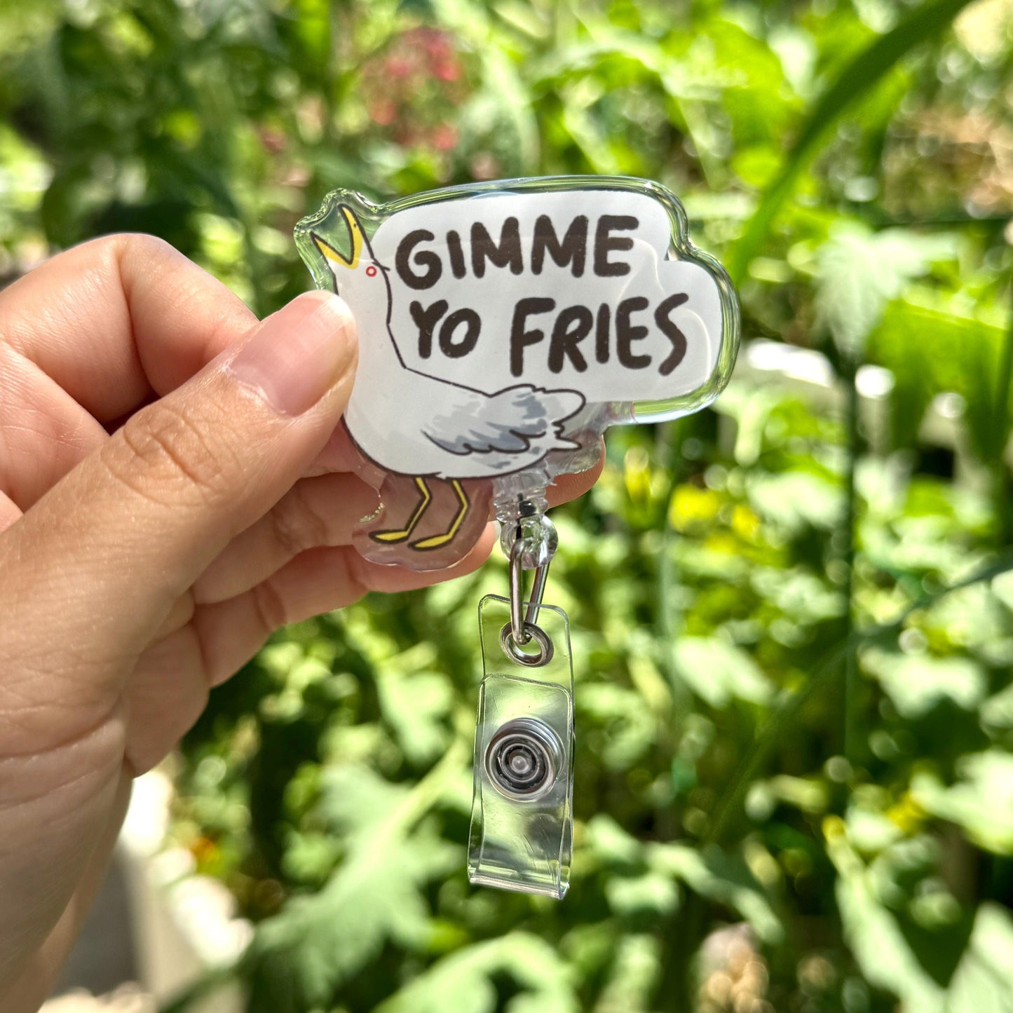 Gimme Yo Fries Seagull Badge Reel with ID Belt Clip Cute Design Acrylic for Children Gift Work Accessories Nurses Medical Teacher Student